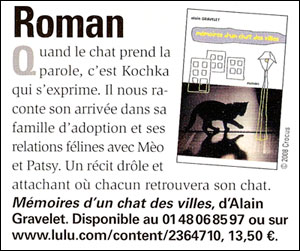 Mémoires d'un chat des villes - Article de 30 millions d'amis - Septembre 2008
